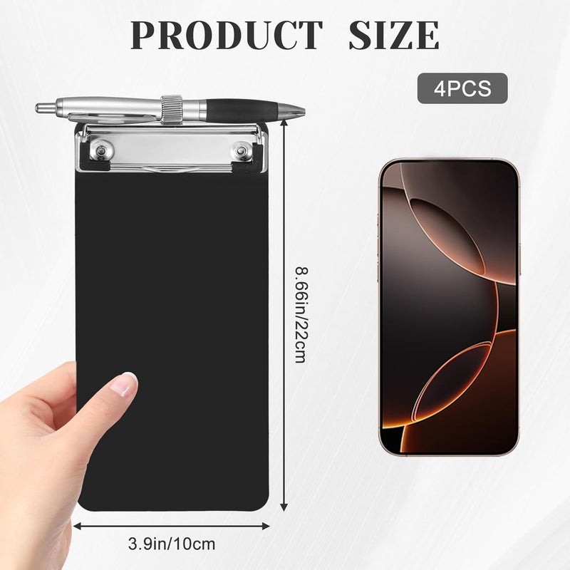 YONHTUTU 4 Pack Small Clipboards with Pen Holder 4X 8.66inch, Plastic Receipt Size Black Clipboard, Mini Clipboard with Retaining Clips, Narrow Memo Size Notepads for Tickets Home Restaurants Office School - Image 2